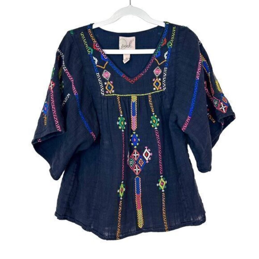 Peek Embroidered Top Girl's Medium Navy Blue Cotton Floral Boho Tunic Beachy 7